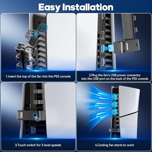 مروحة تبريد للقرص النحيف PS5 ووحدة التحكم الرقمية، 3 مستويات لمروحة التبريد النحيفة PS5 مع 9 شفرات مروحة مطورة، مروحة تبريد لجهاز PS5 Slim مع الضوء الأزرق، ملحقات PS5 Slim للتبريد الهادئ in Kuwait