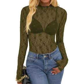 BTFBM Lace Tops for Women 2025 See Through Mesh Top Crew Neck Long Sleeve Fitted Sheer Party Club Outfits Fall Fashion in Saudi Arabia