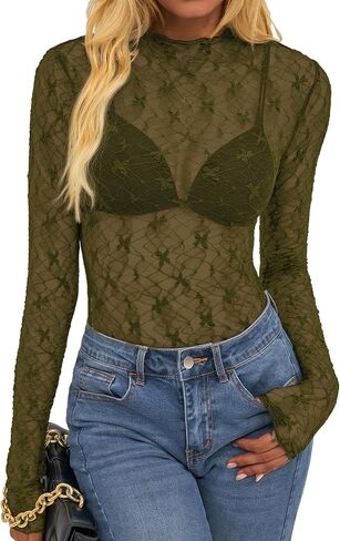 BTFBM Lace Tops for Women 2025 See Through Mesh Top Crew Neck Long Sleeve Fitted Sheer Party Club Outfits Fall Fashion in Saudi Arabia