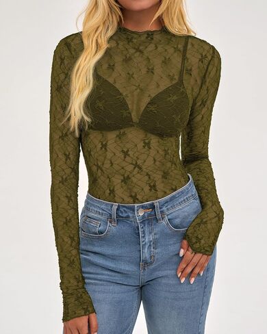 BTFBM Lace Tops for Women 2025 See Through Mesh Top Crew Neck Long Sleeve Fitted Sheer Party Club Outfits Fall Fashion in Saudi Arabia