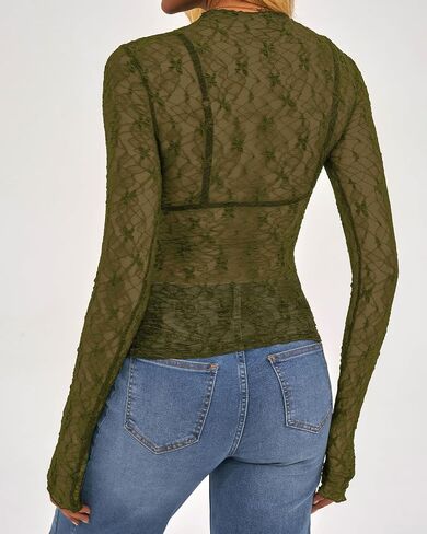 BTFBM Lace Tops for Women 2025 See Through Mesh Top Crew Neck Long Sleeve Fitted Sheer Party Club Outfits Fall Fashion in Saudi Arabia