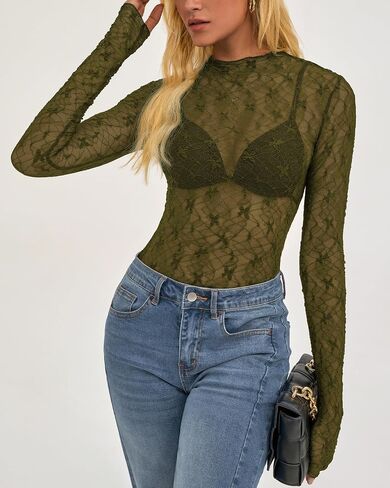 BTFBM Lace Tops for Women 2025 See Through Mesh Top Crew Neck Long Sleeve Fitted Sheer Party Club Outfits Fall Fashion in Saudi Arabia