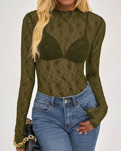 BTFBM Lace Tops for Women 2025 See Through Mesh Top Crew Neck Long Sleeve Fitted Sheer Party Club Outfits Fall Fashion in Saudi Arabia