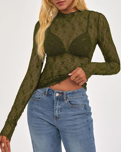 BTFBM Lace Tops for Women 2025 See Through Mesh Top Crew Neck Long Sleeve Fitted Sheer Party Club Outfits Fall Fashion in Saudi Arabia