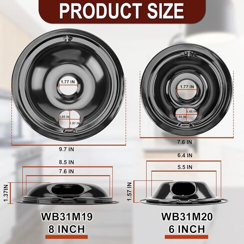 Cenipar WB31M20 & WB31M19 مجموعة من أوعية التنقيط المطلية بالبورسلين للموقد الكهربائي المتوافق مع GE Hotpoint PS244375 AP2028044 تتضمن 1 × 8 بوصة + 3 × 6 بوصة مقالي بالتنقيط in Kuwait