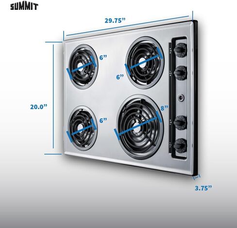 Summit Appliance ZEL05 30" Wide 230V Electric Cooktop in Chrome Fits Popular Cutout Size with 4 Coil Elements, Chrome Drip Bowls, Push-to-turn Controls, Recessed Top, One 8" Burner & Three 6" Burners in Saudi Arabia