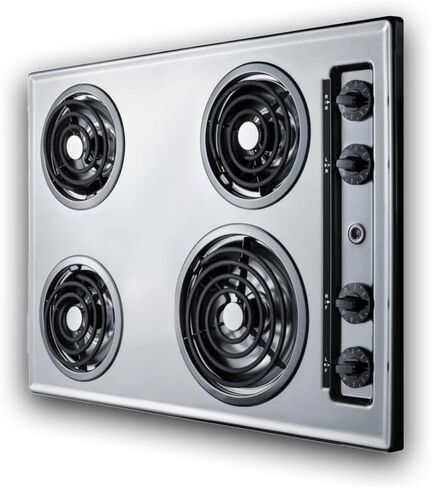 Summit Appliance ZEL05 30" Wide 230V Electric Cooktop in Chrome Fits Popular Cutout Size with 4 Coil Elements, Chrome Drip Bowls, Push-to-turn Controls, Recessed Top, One 8" Burner & Three 6" Burners in Saudi Arabia