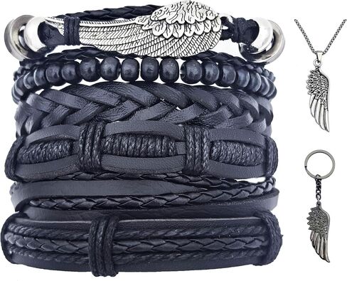 8Pcs Punk Leather Bracelet Set for Men & Women, 6Pcs Braided PU Cuffs, Necklace & Keychain, Adjustable, Stackable in Saudi Arabia