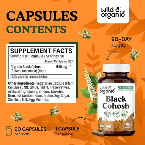 Wild & Organic Black Cohosh for Women Capsules 540 mg - Natural Support - Black Cohosh Root Supplement - Actaea Racemosa Herb - 60 Days of Supply - Vegan, No Fillers, Non-GMO - 60 Count in Saudi Arabia