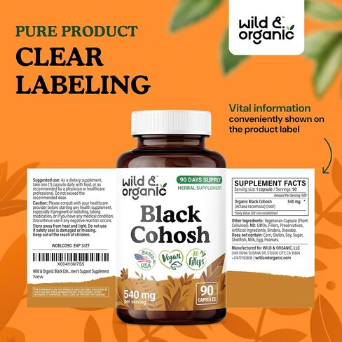 Wild & Organic Black Cohosh for Women Capsules 540 mg - Natural Support - Black Cohosh Root Supplement - Actaea Racemosa Herb - 60 Days of Supply - Vegan, No Fillers, Non-GMO - 60 Count in Saudi Arabia