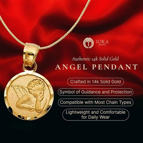 14K Yellow Gold Angel Charm Pendant with 1.2mm Flat Open Wheat Chain Necklace in Saudi Arabia