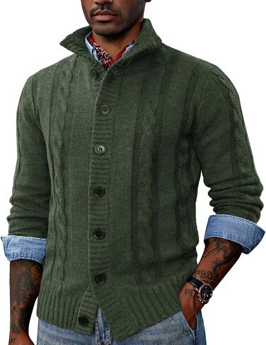 Mens Casual Stand Collar Cardigan Button Down Cable Knitted Sweater in Saudi Arabia