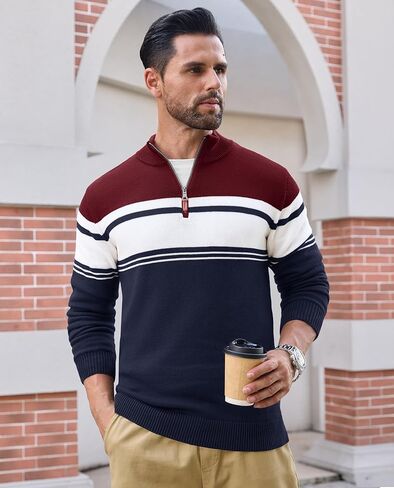 EKLENTSON Men's Sweaters 1/4 Zip Up Striped Long Sleeve Sweatshirts Casual Fall Winter Pullover Polo Sweaters in Saudi Arabia