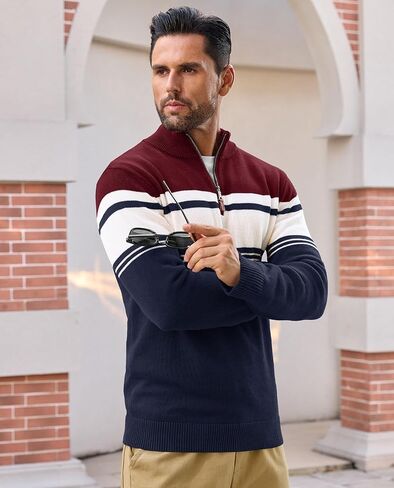 EKLENTSON Men's Sweaters 1/4 Zip Up Striped Long Sleeve Sweatshirts Casual Fall Winter Pullover Polo Sweaters in Saudi Arabia