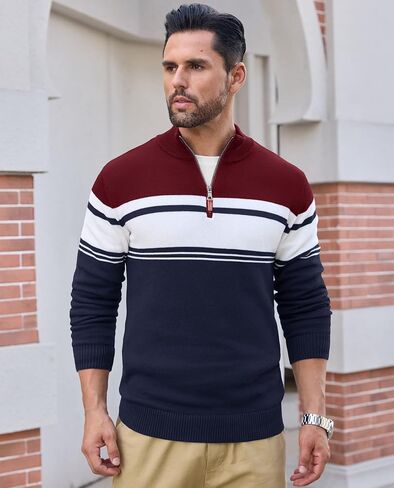 EKLENTSON Men's Sweaters 1/4 Zip Up Striped Long Sleeve Sweatshirts Casual Fall Winter Pullover Polo Sweaters in Saudi Arabia