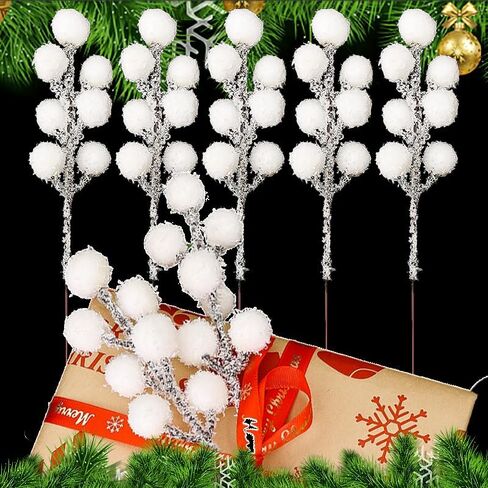 10Pcs White Berry Branches Christmas Artificial DIY Wreath Holly 7 Heads Berries Stem Flowers Gift Xmas Tree Home Party Ornaments (20 * 4cm) in Saudi Arabia