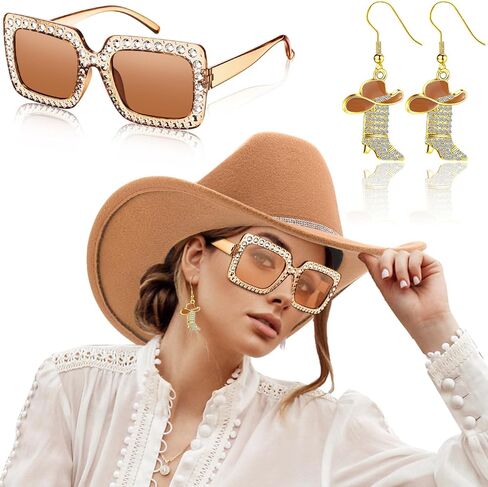 Hercicy 3 Pcs Cowboy Hat Cowgirl Boots Earrings Rhinestone Sunglasses Women Country Western Theme Party Rodeo Outfit Supplies in Saudi Arabia