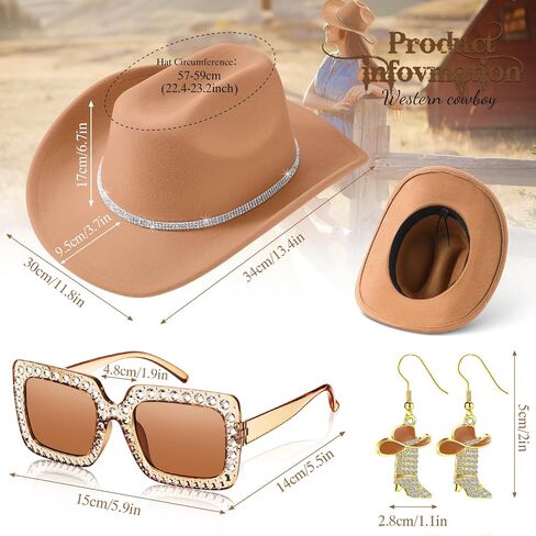 Hercicy 3 Pcs Cowboy Hat Cowgirl Boots Earrings Rhinestone Sunglasses Women Country Western Theme Party Rodeo Outfit Supplies in Saudi Arabia