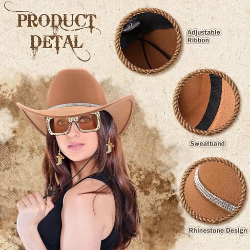 Hercicy 3 Pcs Cowboy Hat Cowgirl Boots Earrings Rhinestone Sunglasses Women Country Western Theme Party Rodeo Outfit Supplies in Saudi Arabia