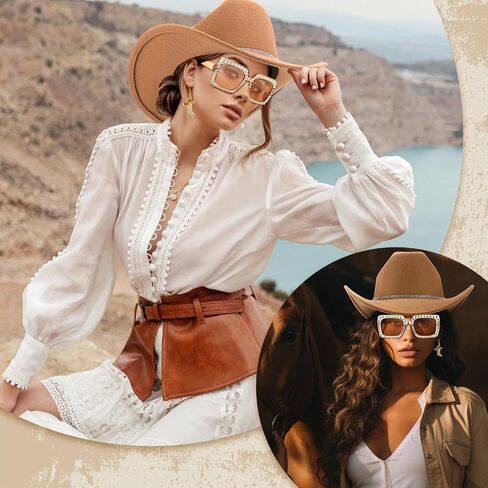 Hercicy 3 Pcs Cowboy Hat Cowgirl Boots Earrings Rhinestone Sunglasses Women Country Western Theme Party Rodeo Outfit Supplies in Saudi Arabia