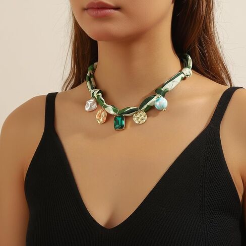 Scarf Bandana Necklace with Charm Colorful Silk Flower Crystal Heart Pearl Choker Necklace Fabric Statement Jewelry in Saudi Arabia