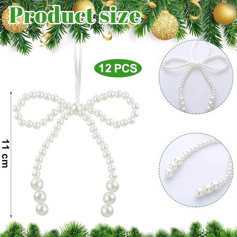 12 Pcs Pearl Bow Christmas Ornaments White Bowknot Tree Topper Decor Xmas Hanging Ornament Pendant Decoration Gift for Wedding Bridal Shower Baby Shower Birthday Indoor Decoration (White) in Saudi Arabia