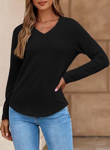 Dokotoo Womens Tops Fashion 2025 Raglan Long Sleeve Soft Jettnibed Solid Color V Deck T Shirts عرض قميص قمم فضفاضة غير رسمية in Saudi Arabia