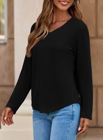 Dokotoo Womens Tops Fashion 2025 Raglan Long Sleeve Soft Jettnibed Solid Color V Deck T Shirts عرض قميص قمم فضفاضة غير رسمية in Saudi Arabia