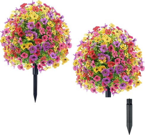 23.6" Purple Faux Flowers for Outdoor Planters, Artificial Flowers for Outdoors UV Resistant Topiary Ball Trees, Faux Bushes with Ground Stake,Greenery Fake Plants for Garden Front Porch Decorations in Saudi Arabia