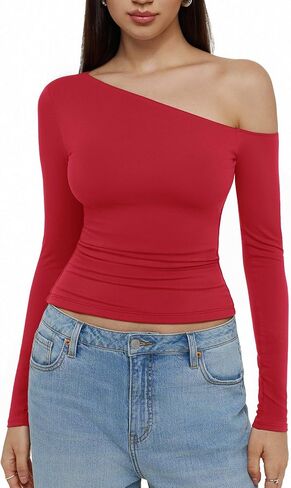 REORIA Womens 2025 Fall Fashion Long Sleeve Shirts Double Lined Casual Slim Fitted Off The Shoulder Tops in Saudi Arabia