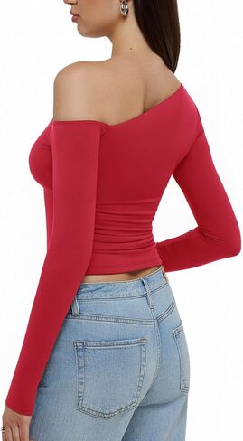 REORIA Womens 2025 Fall Fashion Long Sleeve Shirts Double Lined Casual Slim Fitted Off The Shoulder Tops in Saudi Arabia