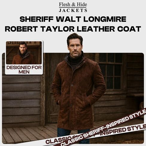 Flesh & Hide F&H Men's Sheriff Walt Longmire Robert Taylor Genuine Leather Coat in Saudi Arabia