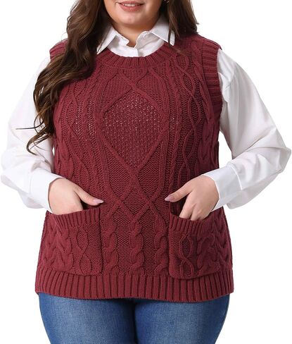 Agnes Orinda Plus Size Sweater Vest for Women Knitted Crew Neck Sleeveless Pocket Pullober Sweater Tops in Saudi Arabia