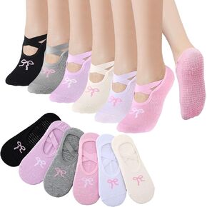 Jeyiour 6 Pairs Bow Pilates Grip Socks Ballet Yoga Grip Socks for Women Non-slip Grips and Straps for Pilates Yoga Barre Ballet Hospital Rehabilitation in Saudi Arabia