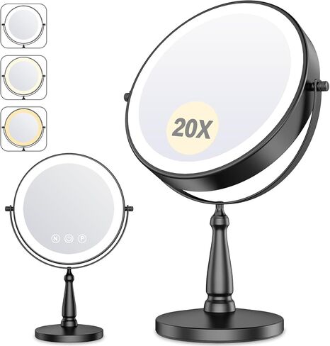 Makeup Mirror with Lights, 20X Magnifying Mirror with Light for Women, 5000 mAh Vanity Mirror with Lights and 3 Colors, 2-Sided Lighted Magnified Mirror for Delicate Makeup, 9 Inch in Saudi Arabia