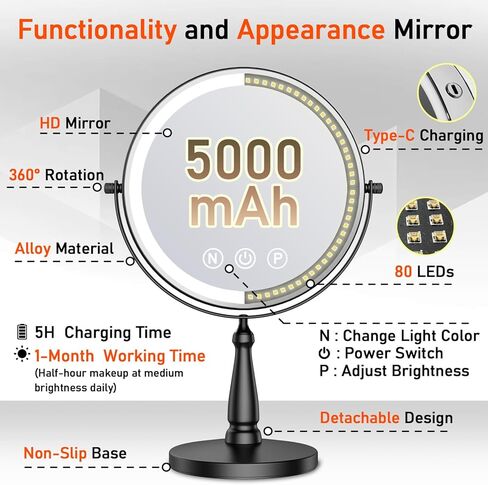 Makeup Mirror with Lights, 20X Magnifying Mirror with Light for Women, 5000 mAh Vanity Mirror with Lights and 3 Colors, 2-Sided Lighted Magnified Mirror for Delicate Makeup, 9 Inch in Saudi Arabia