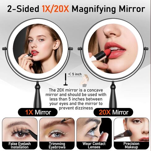 Makeup Mirror with Lights, 20X Magnifying Mirror with Light for Women, 5000 mAh Vanity Mirror with Lights and 3 Colors, 2-Sided Lighted Magnified Mirror for Delicate Makeup, 9 Inch in Saudi Arabia