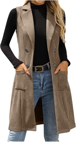 Womens Faux Suede Long Vest Notch Lapel Double Breasted Blazer Jacket Sleeveless Trench Coat with Pockets in Saudi Arabia