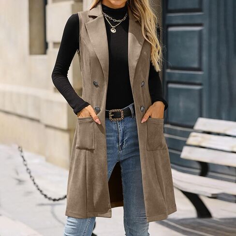 Womens Faux Suede Long Vest Notch Lapel Double Breasted Blazer Jacket Sleeveless Trench Coat with Pockets in Saudi Arabia