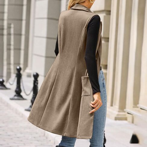 Womens Faux Suede Long Vest Notch Lapel Double Breasted Blazer Jacket Sleeveless Trench Coat with Pockets in Saudi Arabia