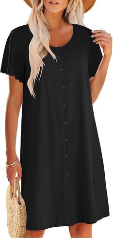 Ekouaer Womens' Cotton Nightgown Ladies Short Sleeve Sleepshirt V Neck Button Down Night Gowns Casual House Dress in Saudi Arabia
