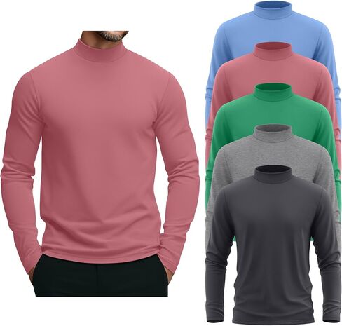 5 Pack Men's Mock Neck Shirts Turtleneck Long Sleeve Tops Pullover Basic Casual Slim Fit T-Shirts Multipack in Saudi Arabia