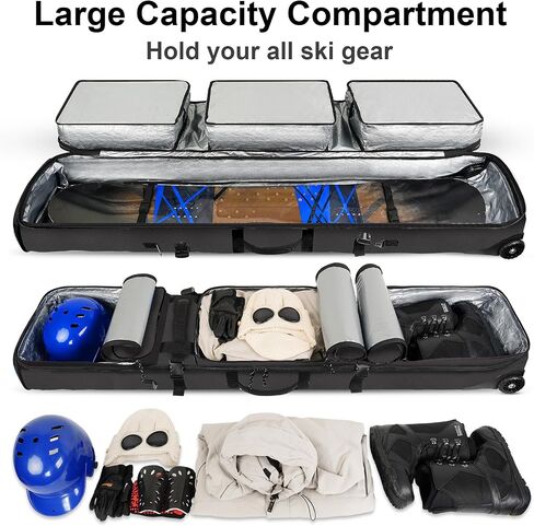 Bosynoy Ski Bag with Wheels, Waterproof Roller Snowboard Bag for Flying Air Travel, 164cm (Extendable to 175 cm) Durable Padded Ski Boot Bag Storage Ski Board Boots, Helmet, Jacket in Saudi Arabia