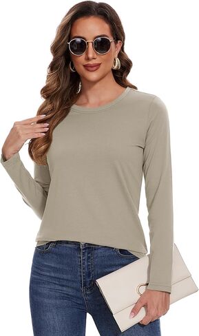 YUCOLEN Women's Cotton Long Sleeve Shirts Crewneck Cotton Basic T-Shirt Solid Color Soft Comfy Casual Tops Tees for Women in Kuwait