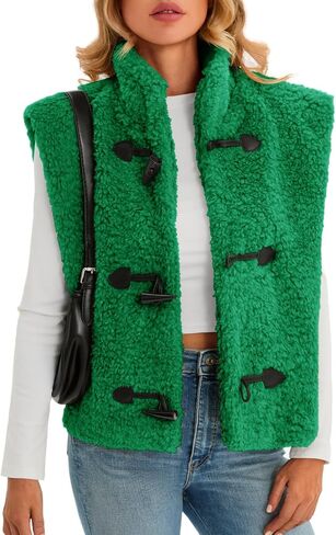 Tanakneo Womens Fuzzy Fleece Vest Cropped Sleeveless Sherpa Jacket Stand Collar Toggle Warm Outerwear Vest in Saudi Arabia