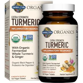Garden of Life Organics Extra Strength Turmeric Inflammatory Response 60 Tablets-100mg Curcumin (95% Curcuminoids) Black Pepper, Probiotics, Organic Non-GMO Vegan Gluten Free Herbal Supplement in Kuwait