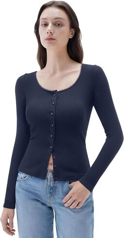 SUUKSESS Women Cotton Ribbed Long Sleeve Tops Button Down Crew Neck Lace Line Going Out Fitted Shirts in Saudi Arabia