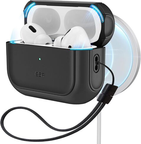 حافظة ESR لـ AirPods Pro 2، متوافقة مع حافظة Airpods Pro الجيل الثاني / الأول (2023/2022/2019)، متوافقة مع MagSafe، غطاء حماية كامل من السقوط بحبل، أسود in Kuwait