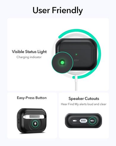 حافظة ESR لـ AirPods Pro 2، متوافقة مع حافظة Airpods Pro الجيل الثاني / الأول (2023/2022/2019)، متوافقة مع MagSafe، غطاء حماية كامل من السقوط بحبل، أسود in Kuwait