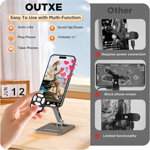 جهاز النقر التلقائي اللاسلكي من OUTXE لـ TikTok، حلقة تمرير عن بعد تعمل بتقنية البلوتوث لهواتف iPhone بدون استخدام اليدين / تشغيل الصفحة / ضبط مستوى الصوت / التقاط الصور دون لمس شاشة الهاتف (أسود) in Kuwait